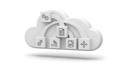 3D illustration of a secure cloud computing concept featuring a padlock icon and key symbol to represent data protection and privacy technology for safe internet access