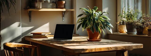 A warmly lit workspace features a laptop on a wooden desk, complemented by a potted plant and shelves filled with greenery, creating a cozy and productive atmosphere.