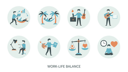 Fototapeta premium Illustrations depicting work life balance and leisure activities.