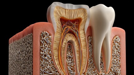3D rendering cross-section of tooth structure showing enamel, dentin, pulp and nerve, educational medical illustration