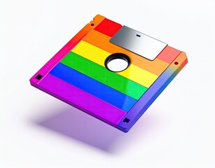 A retro floppy disk in rainbow colors floats on a white background