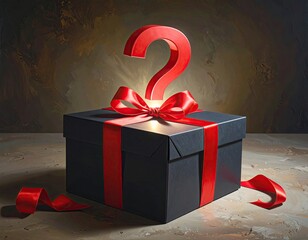 Black gift box tied with red ribbon, a glowing question mark floats above