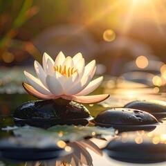 Elegant lotus flower floats serenely on water, bathed in warm sunlight
