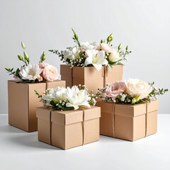 Four beige square gift boxes adorned with fresh floral arrangements