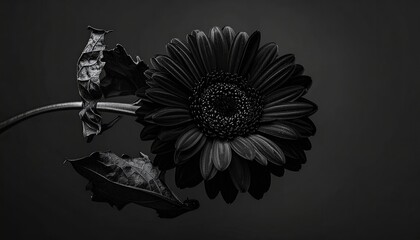 Black and white macro floral art, gerbera daisy with withered leaves
