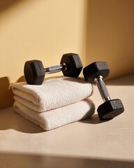 Two black dumbbells rest on a folded white towel next to a light-colored surface, illuminated by warm sunlight.