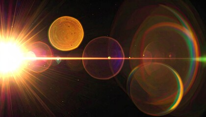 Bright light flare with circles of light against a black backdrop