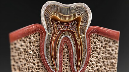 3D rendering cross-section of tooth structure showing enamel, dentin, pulp and nerve, educational medical illustration