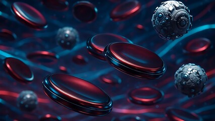  "A futuristic digital interpretation of red and white blood cells, with red cells appearing as sleek, metallic discs and white cells as textured, robotic spheres, floating in a high-tech, neon-lit bl