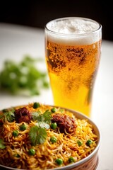 Close up of chicken biryani with spiced rice peas and cilantro A cold glass of golden lager beer with foam