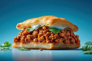 Golden savory pastry filled with spicy minced meat creamy white sauce and fresh cilantro leaves Bright blue background