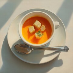 Orange soup in white bowl with croutons and herb Silver spoon on white plate natural light casts strong shadows