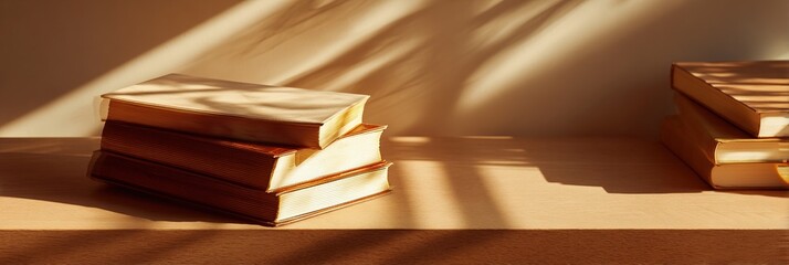 A stack of antique books sits on a wooden surface, bathed in warm sunlight and dramatic shadows.