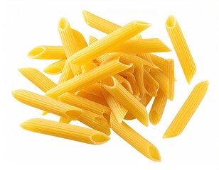 Heap of uncooked, golden tube pasta, scattered on a white background