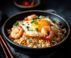 Savory fried rice in a dark bowl garnished with green onions fried egg and two cooked shrimp Topped with sesame seeds