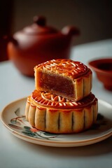Two stacked mooncakes one sliced open revealing sweet brown filling rest on a decorative plate A blurred teapot is