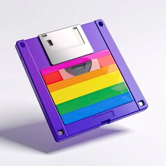 Purple floppy disk design with rainbow stripes peeking through