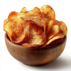 Crispy golden potato chips piled high in a rustic wooden bowl against a clean white background