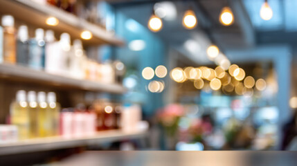 Blurred interior of a modern store with warm bokeh lights and product shelves