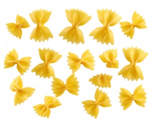 Isolated photo of scattered pasta bow ties on a stark white backdrop