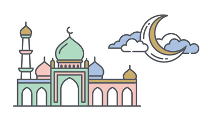 Islamic Mosque Building with Crescent Moon and Clouds Illustration.