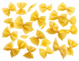 Yellow bow-tie pasta scattered against a clean white backdrop