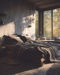 A cozy bedroom features a large window offering a view of a forest, creating a serene and inviting atmosphere with warm lighting and natural textures.