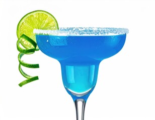A vibrant blue cocktail in a salt-rimmed glass with lime garnish