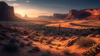 Stunning Desert Landscape with Towering Rock Formations and Cacti During Sunset