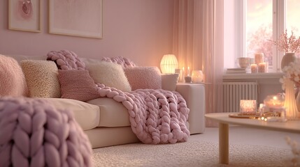 A cozy living room is bathed in warm, pink light, featuring a plush sofa covered in a chunky knit throw and numerous soft pillows, complemented by candles and a serene atmosphere.