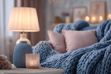 A cozy living room scene illuminated by warm light, featuring a blue vase, a lamp, and a comfortable sofa with a knitted blanket and pillows.
