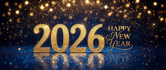 Happy New Year 2026 Background with Gold Glitter Text and Sparkling Lights