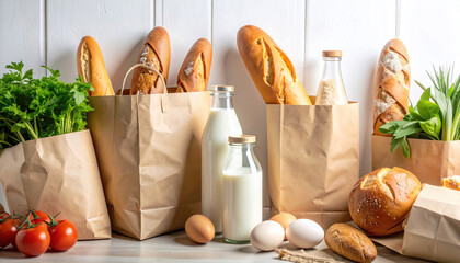 Freshly purchased groceries in paper bags on a white countertop