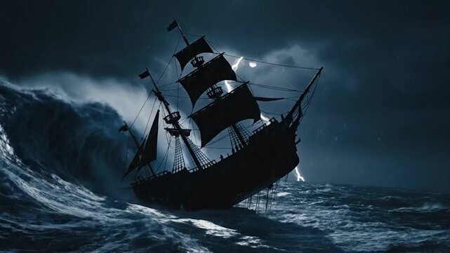 Dramatic sailing ship battling stormy ocean waves and lightning strikes.