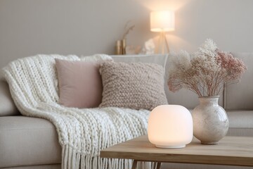 A cozy living room scene features a comfortable sofa, soft pillows, and a warm, inviting atmosphere with a decorative lamp and dried flowers.