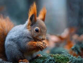 A cute red squirrel is intently focused on eating a nut on a mossy log in a forest setting.