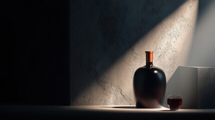 Elegant dark bottle and glass of drink in a dimly lit room with textured walls and shadows