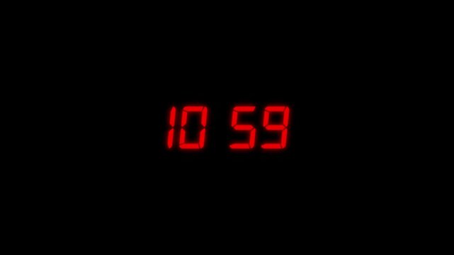Timer concept, Red color digital timer number icon with looped animation on transparent background . 10 hours 59 minutes clock looped animation. (10 hours 59 min)