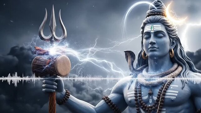 Shiva power animation with glowing trishul and damru lightning motion art for Mahashivratri devotion spirituality worship faith meditation graphic video footage in divine Mahadev animated style