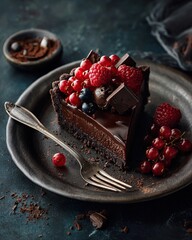A decadent chocolate cake slice is adorned with fresh raspberries and blueberries, presented on a rustic plate with chocolate shavings and a silver fork.