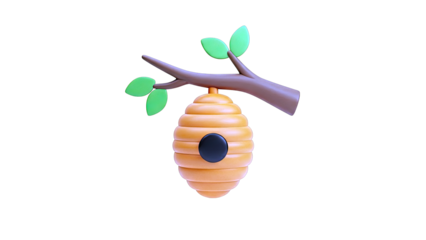 Stylized Beehive on a Branch with Green Leaves