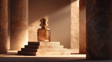 An ornate golden perfume bottle displayed on a stone pedestal in a sunlit ancient temple setting