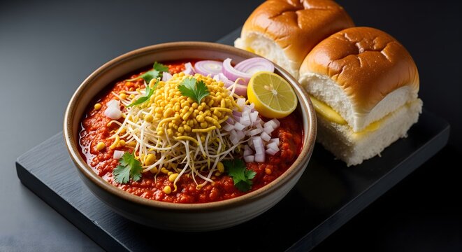 Authentic Indian Misal Pav Spicy Street Food with Bread Rolls