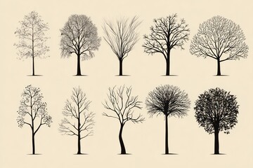 Obraz premium Collection of Ten Different Bare Winter Trees Silhouettes.