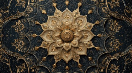 Intricate golden floral design on a dark blue background, showcasing detailed craftsmanship