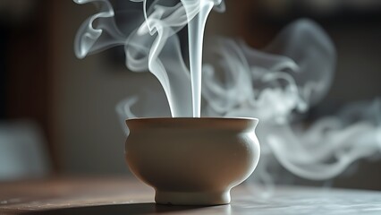 soliloquy. White smoke rising from a simple ceramic incense burner in soft indoor light. event programs, museum guides, designed for cultural heritage projects and event programs, supports education.