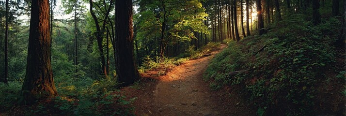 A winding dirt path leads into a dense, dark forest, illuminated by a golden ray of sunlight filtering through the trees.