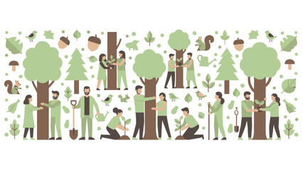 People planting trees and caring for nature together.