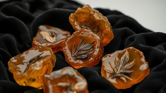 copal. Several raw amber copal resin pieces on black velvet with ancient inclusions. gardening catalogs, home-decor guides, designed for home decor and floral branding, used by video editors.