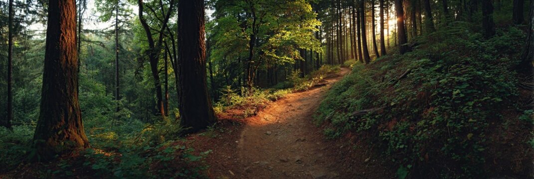 A winding dirt path leads into a dense, dark forest, illuminated by a golden ray of sunlight filtering through the trees.